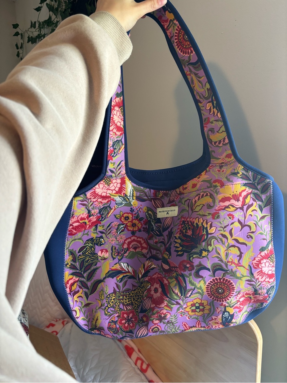 Makenzie Childs Floral Pattern Neoprene Tote - Purple / Blue